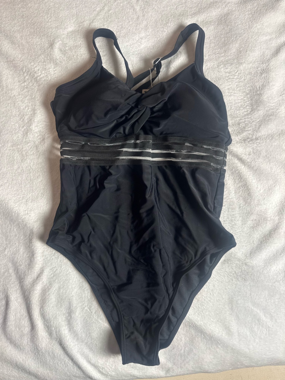 Twist-Front Black One-Piece Swimsuit with Sheer Stripe Waist